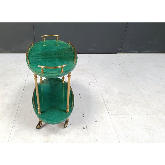 Mid-Century Modern Italian Lacquered Goatskin Swan Bar Cart and Wine Bottle Stand by Aldo Tura, 1960s, Set of 2 For Sale - Image 3 of 12