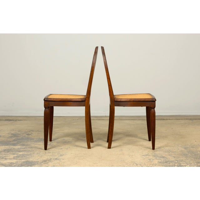 1930s Set of Six French Art Deco Carved Maple & Cane Dining Chairs For Sale - Image 11 of 18