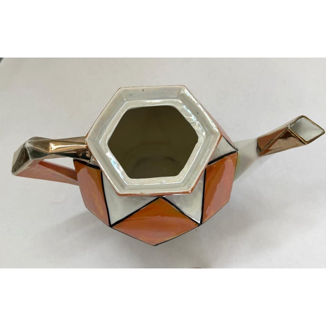 Orange 1920s Art Deco Teapot With Geometric Orange and White Pattern and Gold Luster Accents For Sale - Image 8 of 16