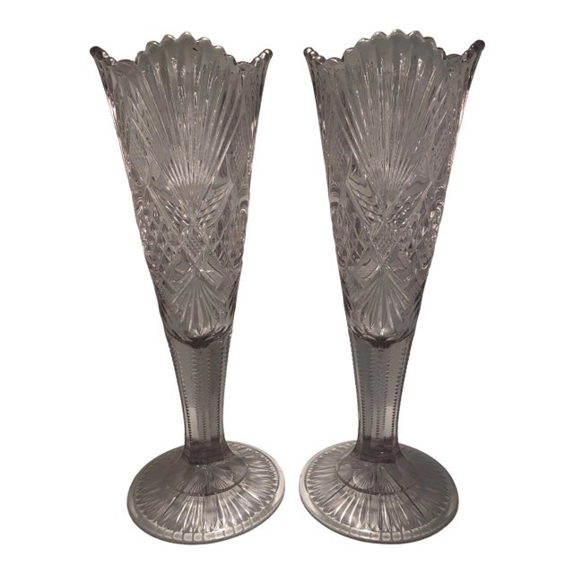 Antique Brilliant Cut Glass Trumpet Vases- a Pair For Sale