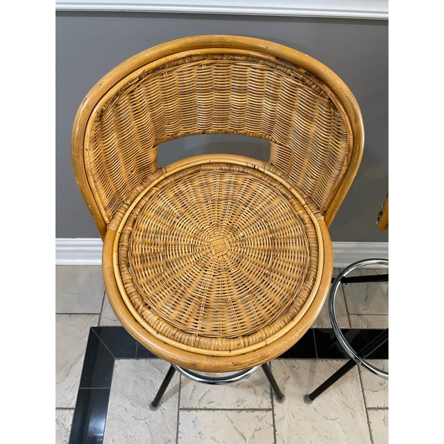 Vintage Boho European Riviera Style Wicker Rattan Swivel Bar Stools For Sale - Image 4 of 12
