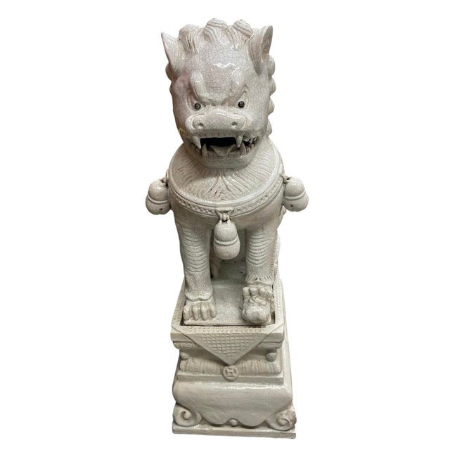 1990s Vintage Crackle-Glazed Ceramic Foo Dog Guardian Statues For Sale - Image 5 of 12