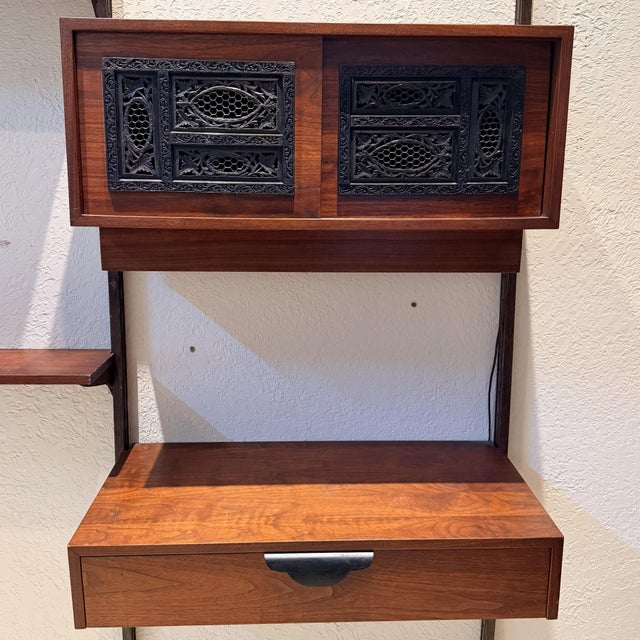 Vintage 1960s Mid Century Modern Walnut Wall Unit, Custom Modular Shelving Brutalist Iron Accents For Sale In New York - Image 6 of 10