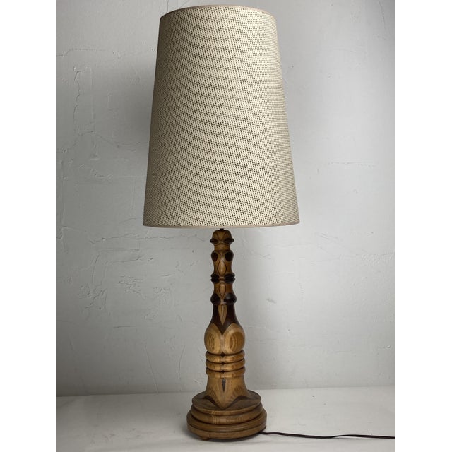 A absolutely stunning mixed wood large table lamp ( including the custom made shade ( 45cm height Raffia/chintz lining )....