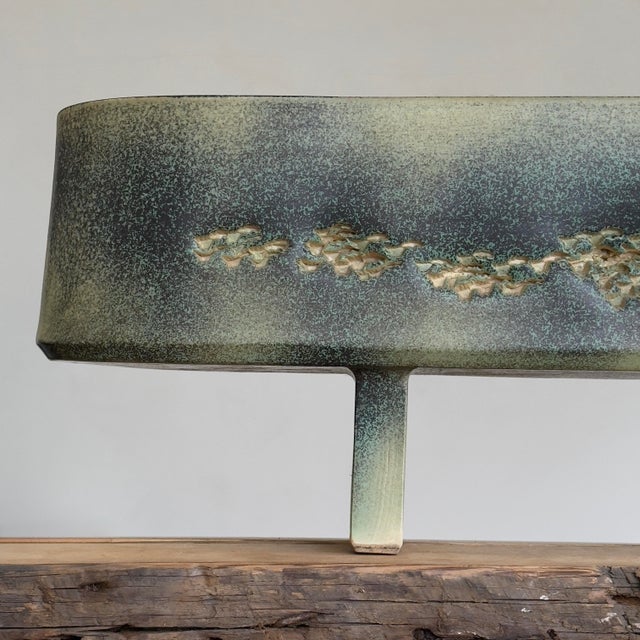 Vintage Monumental Japanese Brutalist Speckled Green Ikebana Ceramic Vessel, Signed For Sale In Philadelphia - Image 6 of 11