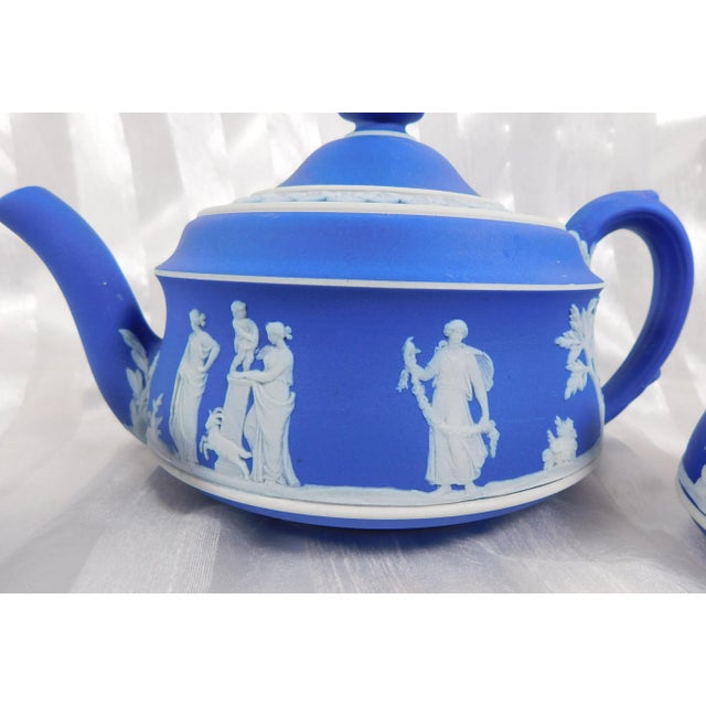 1960s 1960s Portland Blue Wedgwood Jasperware Teapot Sugar Bowl and Creamer For Sale - Image 5 of 13