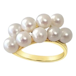 Diagonal Double Row Pearl Cluster Ring 14k Yellow Ring, Size 8 For Sale