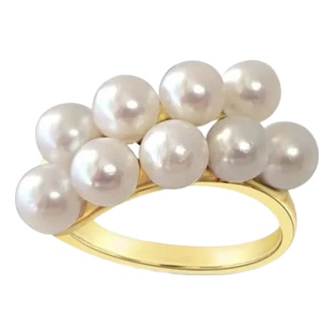 Diagonal Double Row Pearl Cluster Ring 14k Yellow Ring, Size 8 For Sale