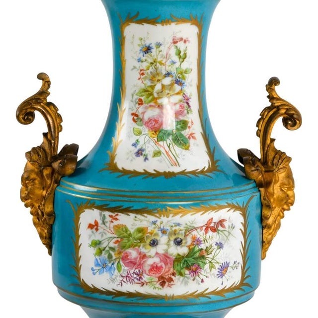 Monumental French Sèvres Style Turquoise Porcelain Urn With Ormolu Mounts For Sale - Image 11 of 12