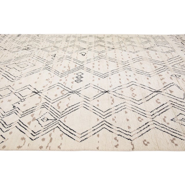 Textile Contemporary Moroccan Style Handmade Ivory Wool Rug With Tribal Design For Sale - Image 7 of 13