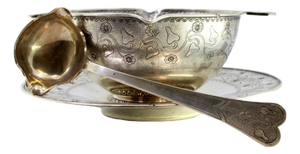 Silver Gravy Boat with Floral Engraved Plate, Cup and Spoon, Set of 3