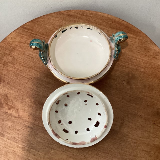 Vintage Majolica Capodimonte Italy Dish & Cover 363/502 Adorable Color Palette Golden Rim and Details For Sale - Image 4 of 12