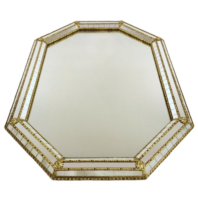 Large Vintage Venetian Hollywood Regency Octagonal Parclose Mirror with Glass and Brass Garlands, 1970s For Sale - Image 15 of 15