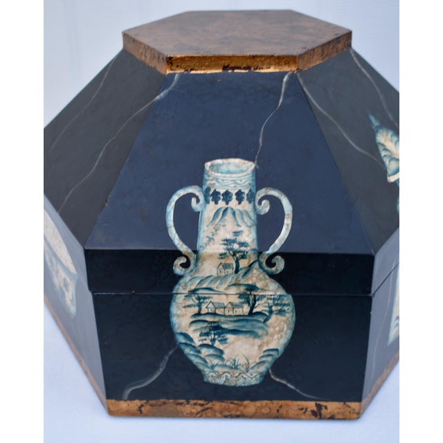 Vtg. Hexagonal Shaped Box With Asian Style Vessels For Sale - Image 11 of 15
