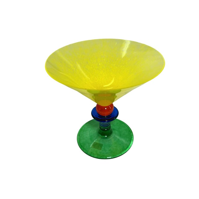 Rare vintage post-modern vibrant hand-blown glass bowl with a striking multicolor design, ideal as a decorative compote or...