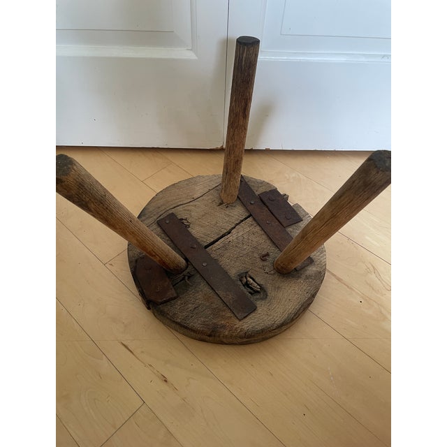 Wood Antique 3 Legged Milking Butcher Stool Reinforced Primitive Iron Straps For Sale - Image 7 of 12