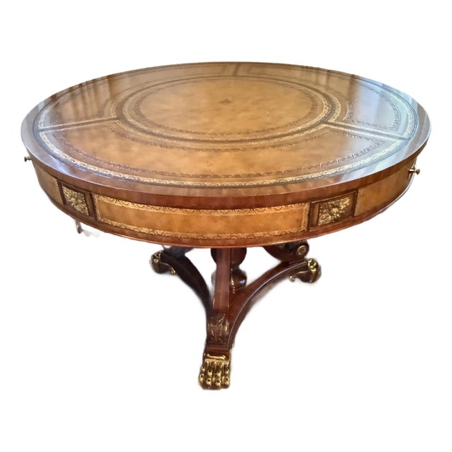 Maitland Smith Brass Mounted Mahogany and Leather Drum Table For Sale