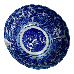 Late Qing Chinese Blue & White Porcelain Phoenix Bowl – 9.5” Scalloped Rim – Hand Painted, C. 1875–1908