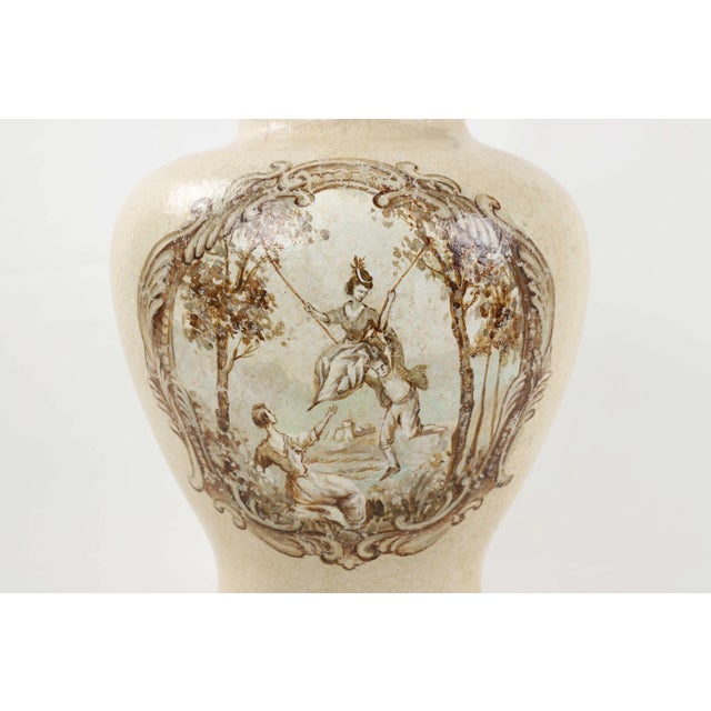 Chinoiserie Vintage White Crackle Glaze Temple Jar Lamp With Reimagined "The Swing" by Fragonard For Sale - Image 3 of 8