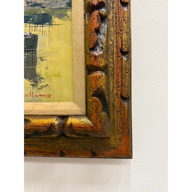Wood Vintage Midcentury Harbor Scene Signed Collins For Sale - Image 7 of 8