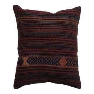 Rustic Persian Striped Vintage Wool Rug Pillow with Blue Cotton Backing For Sale