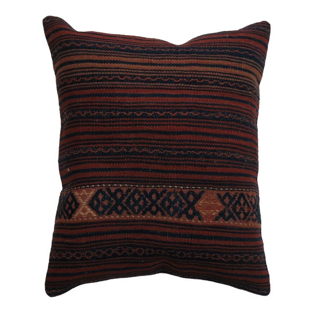 Rustic Persian Striped Vintage Wool Rug Pillow with Blue Cotton Backing For Sale