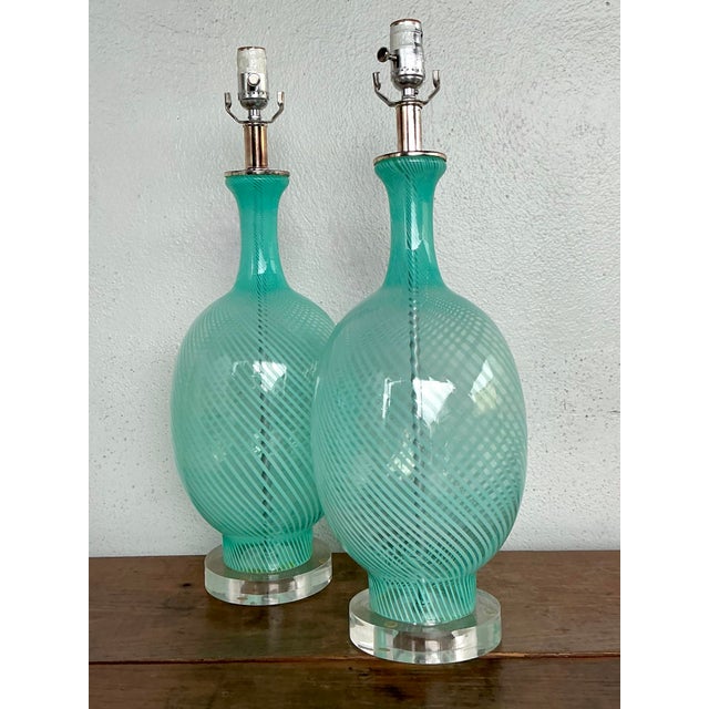 Late 20th Century Vintage Italian Murano Swirl Glass Lamps - A Pair For Sale - Image 5 of 12