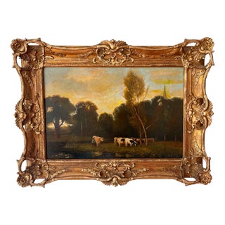 Cows at Sunset Pastoral Landscape, Oil Painting on Wood Panel, Framed For Sale