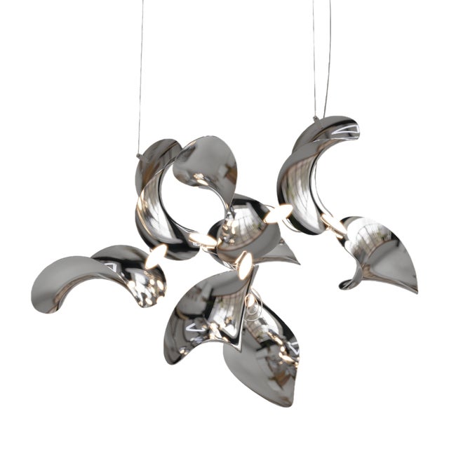 Dune 8 Cluster Chandelier with Silver Hand Polished Shades by Daniel Becker for Moss Objects For Sale