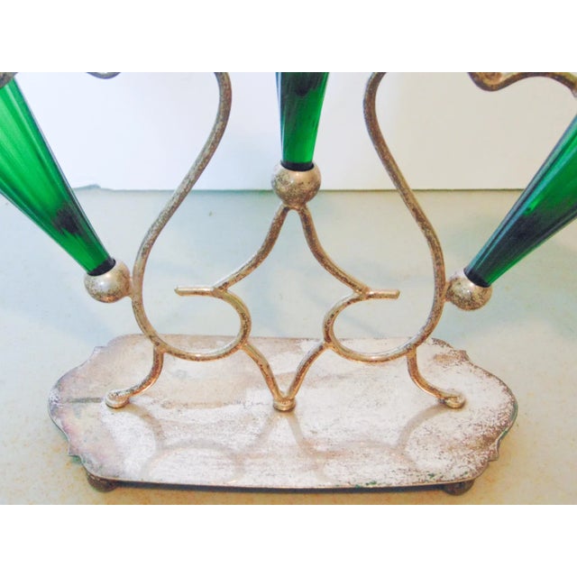 Victorian Epergne, Silverplate plate base with 3 tulip form emerald glass vases