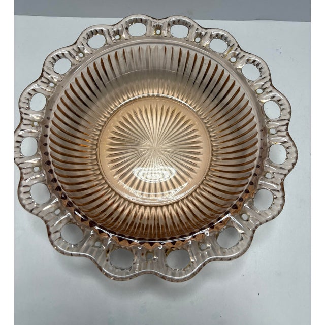 Indiana Glass Company Vintage Peach Pink Openwork Depression Glass Serving Bowl With Ribbed Sides & Starburst Bas For Sale - Image 4 of 7