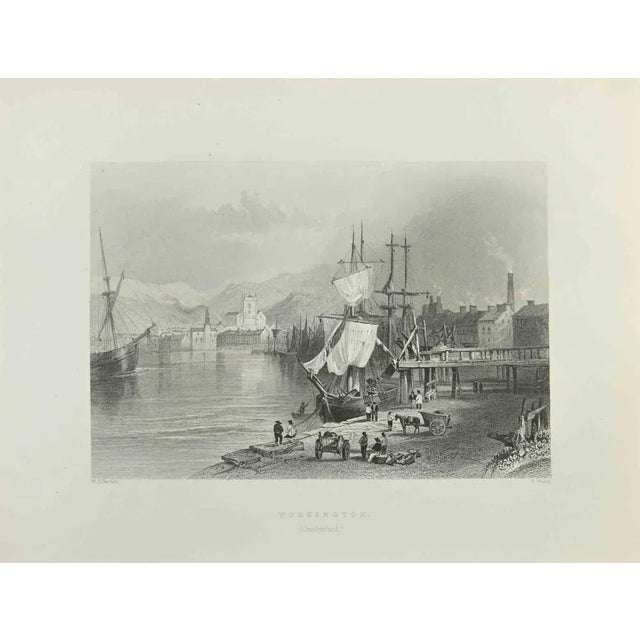 Workington is an etching realized in 1845 by W. H. Bartlett. Signed on the plate. Titled on the lower center. Good...