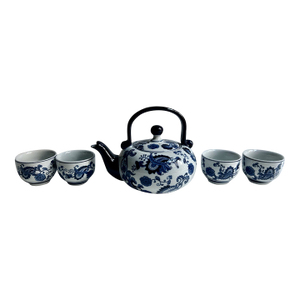 Vintage Pier 1 Imports White & Blue Chinoiserie Style Tea Set for 4