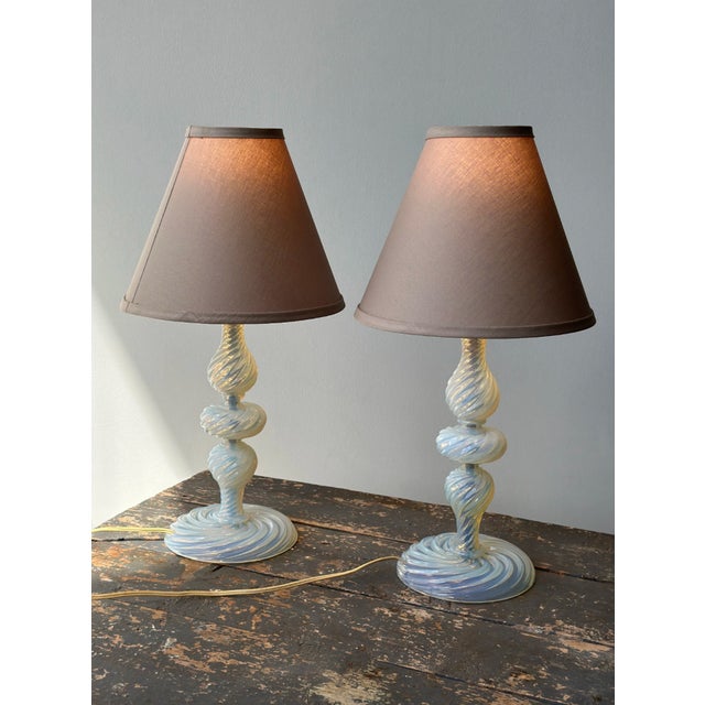 Vintage Murano Opalescent Blown Glass Lamps Attributed to Barovier + Toso, a Pair, Circa Mid 20th-Century For Sale - Image 17 of 18