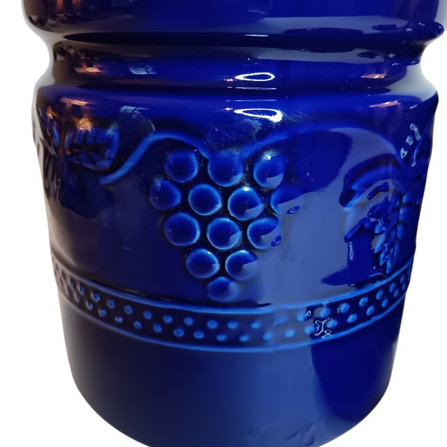 Set of Three (3) Vintage Cobalt Blue Ceramic Canisters Raised Fruit Grape Design For Sale In Austin - Image 6 of 14