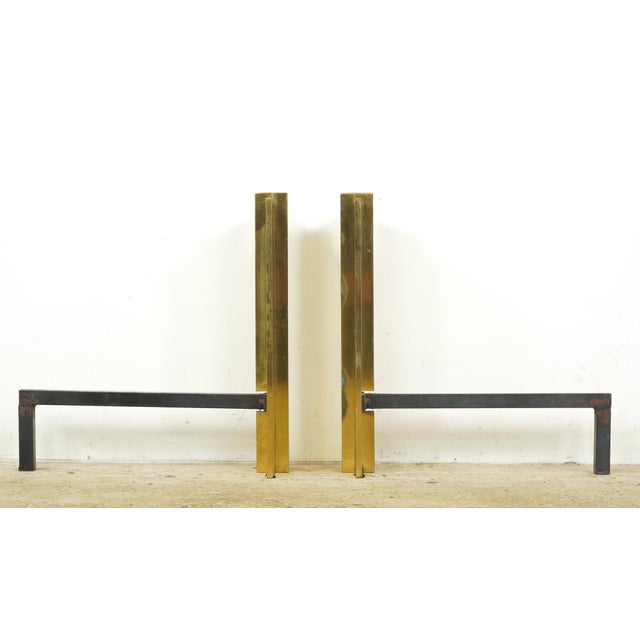 Mid 20th Century Pair of Mid Century Modernist Polished Brass Fireplace Andirons For Sale - Image 5 of 9