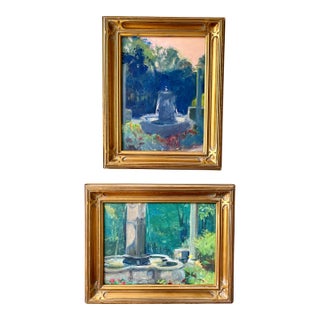 Late 20th Century Pair Modern Impressionist Oil Paintings of Garden by Day & Garden at Dusk, Framed For Sale