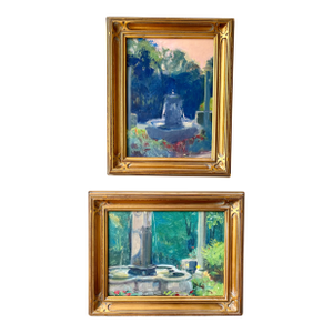 Late 20th Century Pair Modern Impressionist Oil Paintings of Garden by Day & Garden at Dusk, Framed