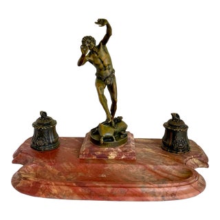 19th C. Eugene-Louis Lequesne Signed Bronze and Marble Desk Inkwell Sculpture For Sale