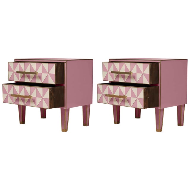 Optical Effect Italian Nightstands in Pink & White Murano Glass with Brass from Justfurnituress SRL, Set of 2 For Sale - Image 11 of 11