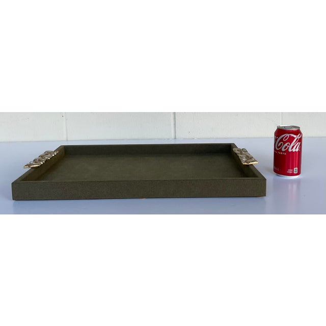 Stylish John Richard Modern Olive Green Suede Delian Tray, gold pulls with white gemstone accents, showroom floor sample