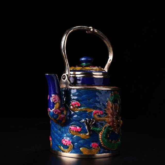 Late 19th Century Late 19th Century Cloisonné Enamel Dragon Teapot With Overhead Handle For Sale - Image 5 of 9
