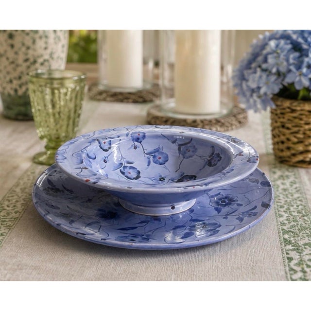 Vintage Moroccan Safi Hand-Painted Periwinkle Blue Ceramic Presentation Set – 16.5" Platter & Footed Bowl For Sale - Image 11 of 12