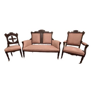 Antique American Victorian Eastlake Carved Walnut 3-Piece Parlor Suite For Sale