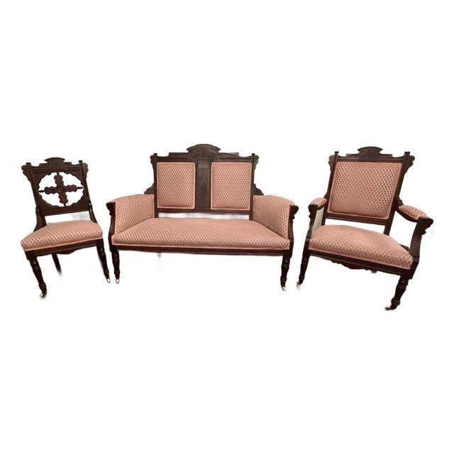 Antique American Victorian Eastlake Carved Walnut 3-Piece Parlor Suite For Sale