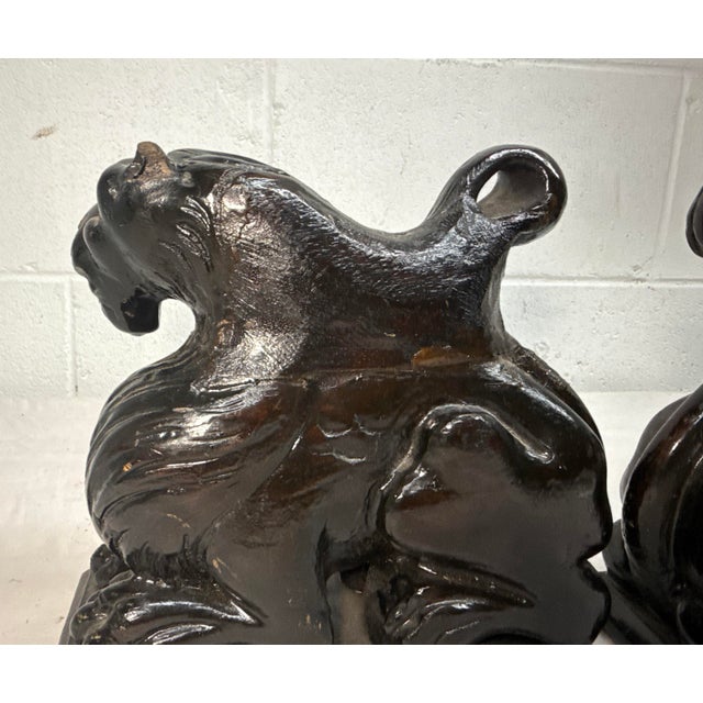 Pair of Antique 1800's Carved Wood Architectural Salvage Lion Sculpture Statue For Sale - Image 10 of 13