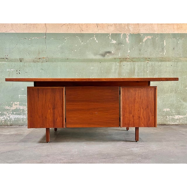 1960s 1960s Jens Risom 72” Executive Walnut Double Pedestal Desk W/Custon Center Drawer, Restored Top For Sale - Image 5 of 12