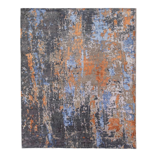 2010s Abstract Modern Wool & Silk Rug Handmade in Gray & Orange For Sale