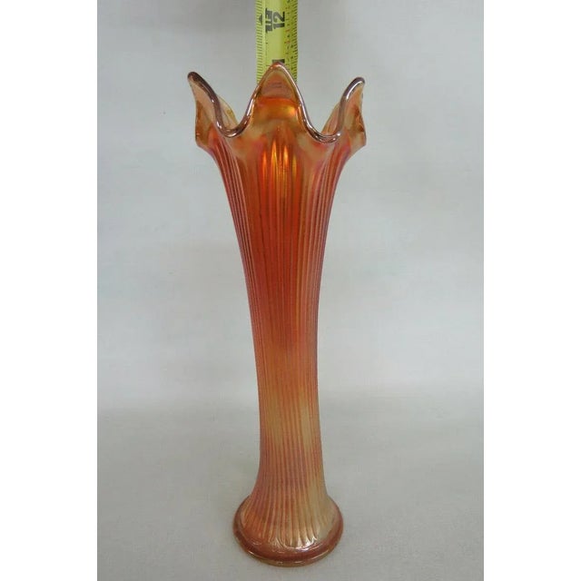 Traditional Fenton Fine Rib Style Marigold Carnival Glass Swung Vase For Sale - Image 3 of 7