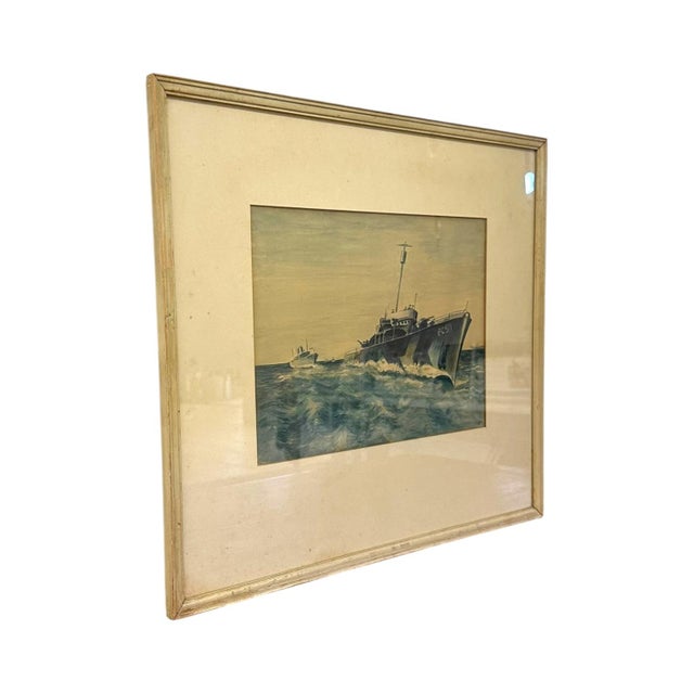 Original World War II-era gouache painting depicting the US Navy patrol craft, USS PC-571. Expertly rendered with the...